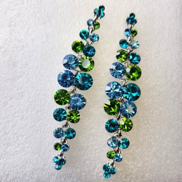 Aqua Green Blue Crystal Drop Earrings Long Dangling Crystal Earrings - Picture 3 of 6